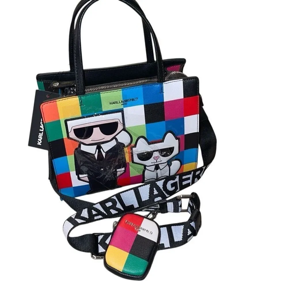 Karl Lagerfeld Womens Check Maybelle‎ Satchel Crossbody Multicombo Medium NWT